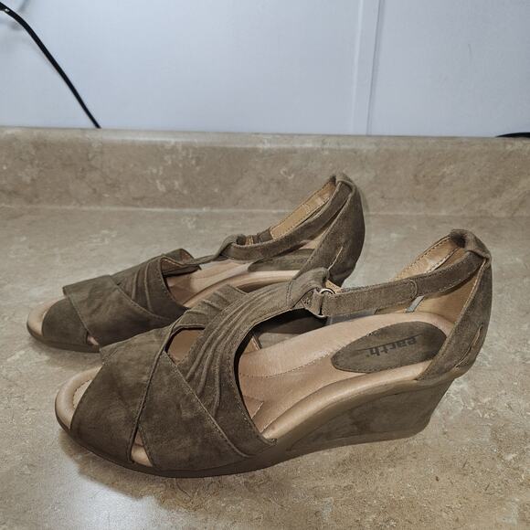 Earth Sandals Curvet SZ 10D Wide Width Dark Khaki Brown Suede Peep-toe‎ Wedge - Picture 3 of 10